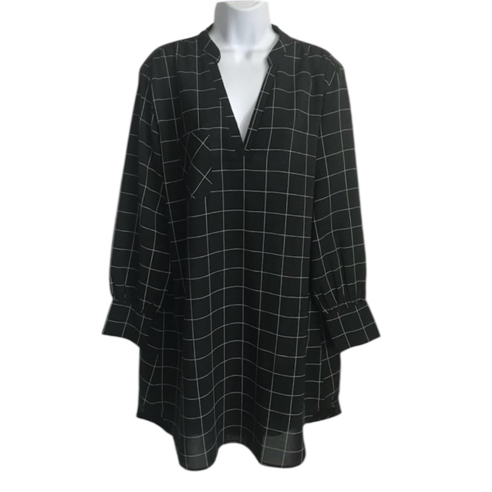 🔴 4/$15 She + Sky Women’s M B&W Grid Pattern V-Neck Long Sleeve Dress in EUC
